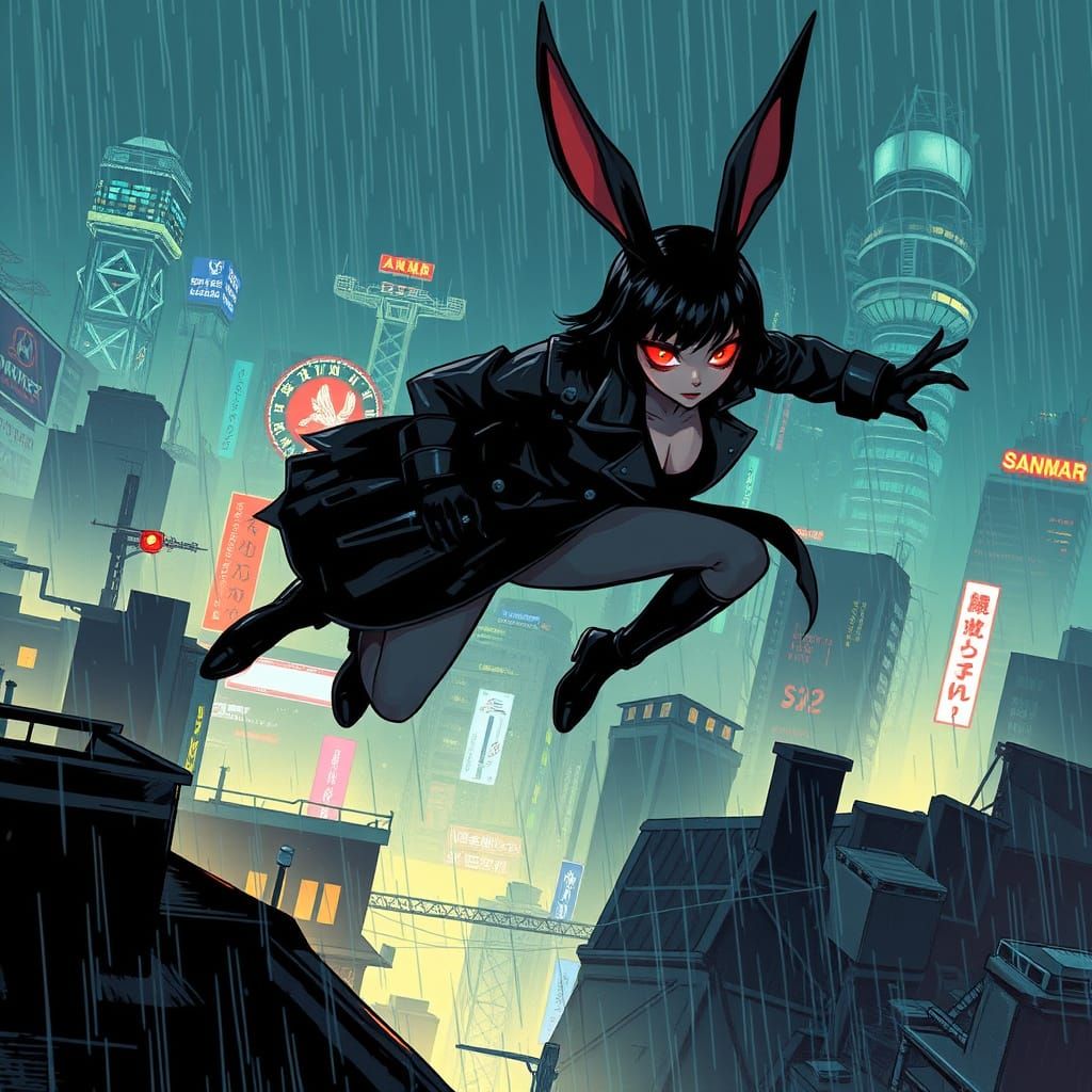 Cyberpunk Bunnygirl Leaps Through Rainy Rooftops