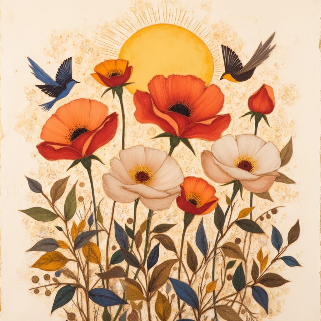 Whimsical Folk Art Roses with Abstract Elements