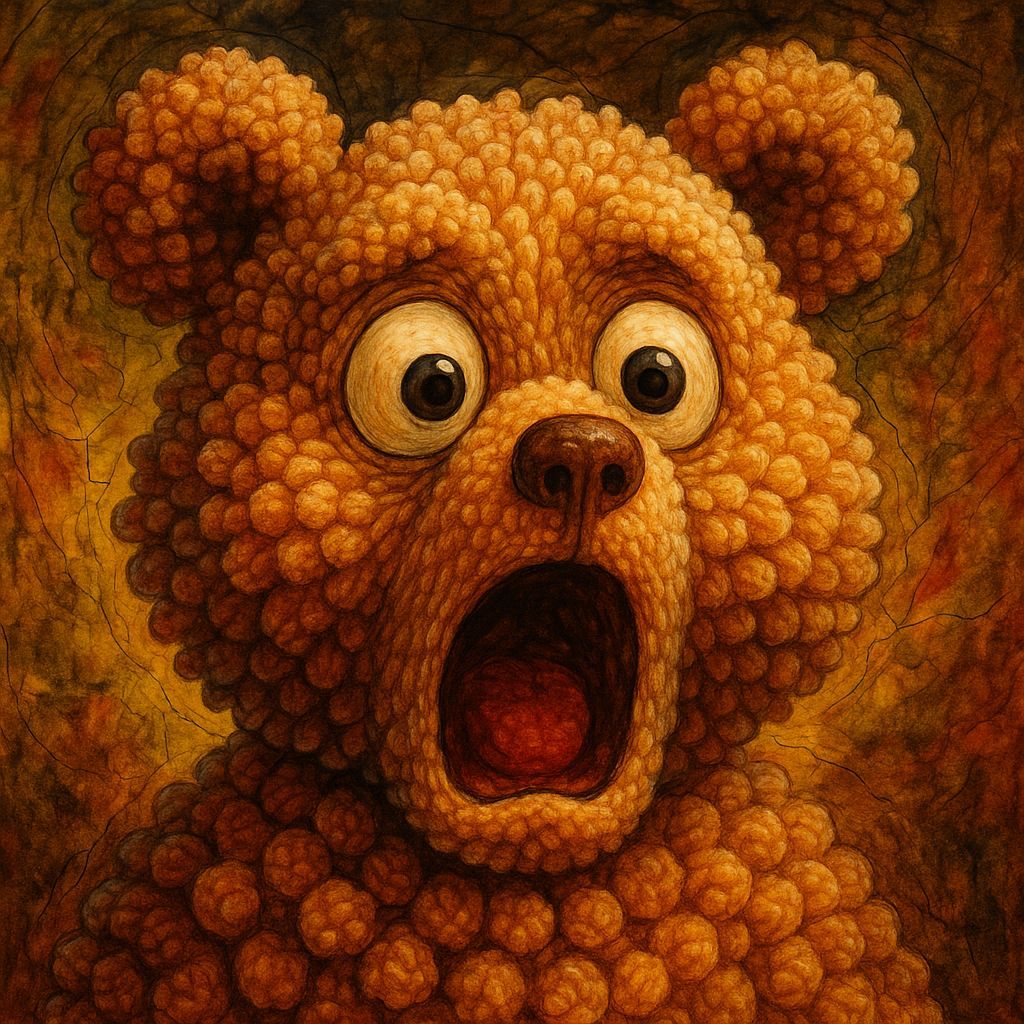 Surprised Pom-Pom Teddy Bear Portrait in Dadaism Style