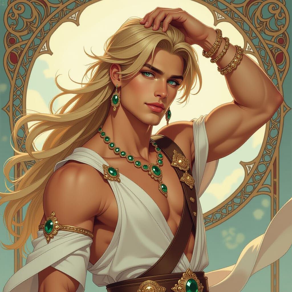 Blond Man Dancing in Wind, Alphonse Mucha Style