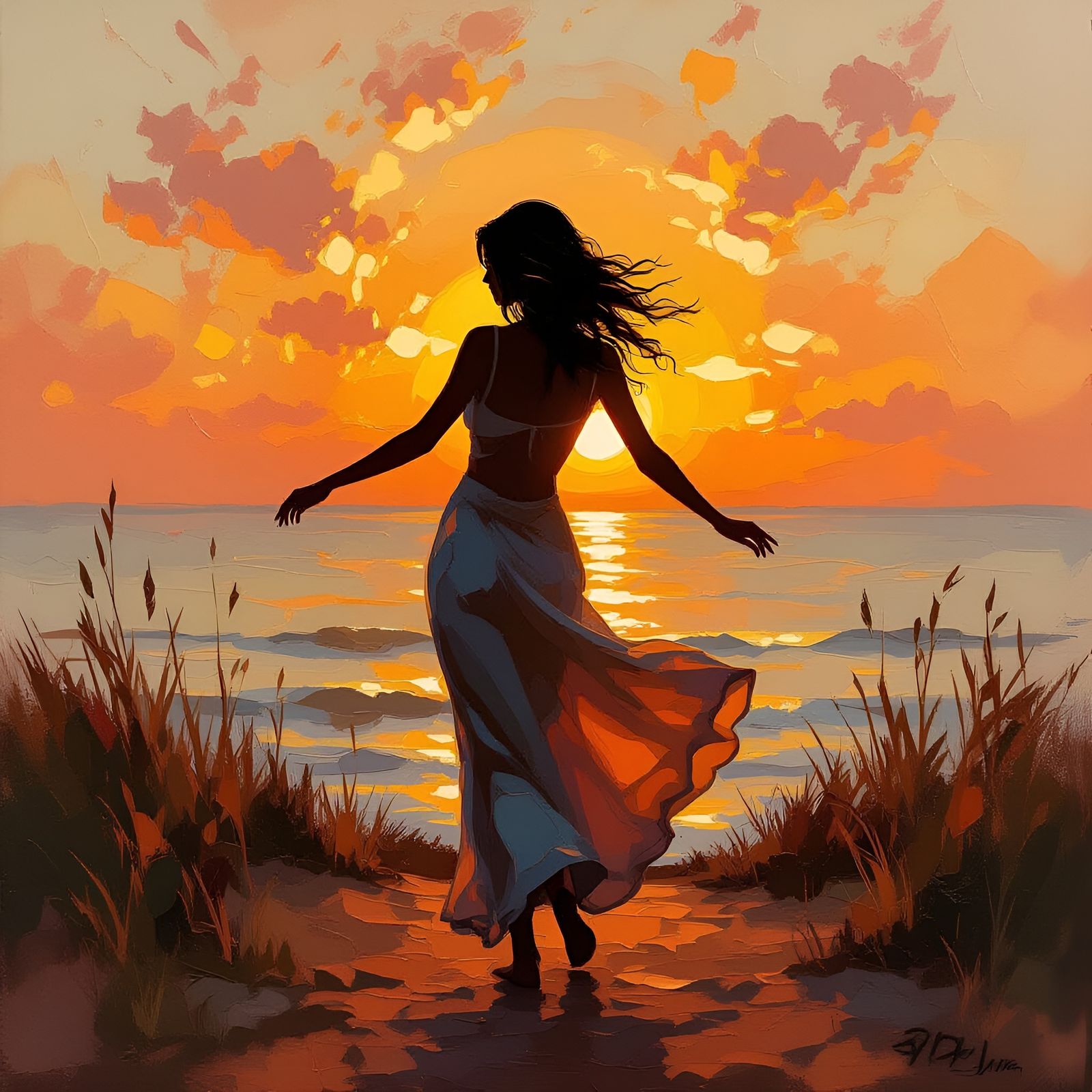 Bohemian Dancer Silhouette: Impressionist Oil Painting