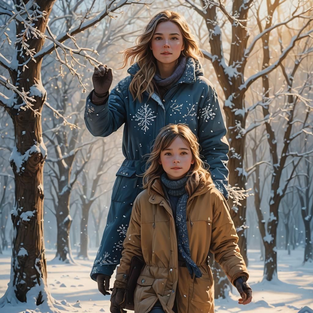 Girl Walking in Snowy Forest: Digital Art