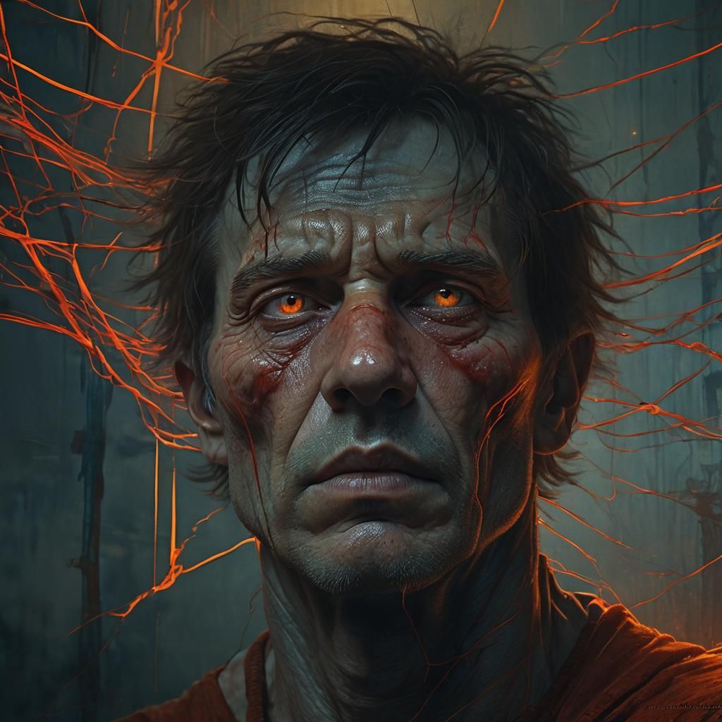 Disturbed Man with Glowing Eyes in Dark Fantasy Art