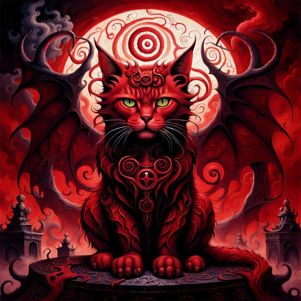 Demonic Red Cat on Throne in Dark Fantasy Style