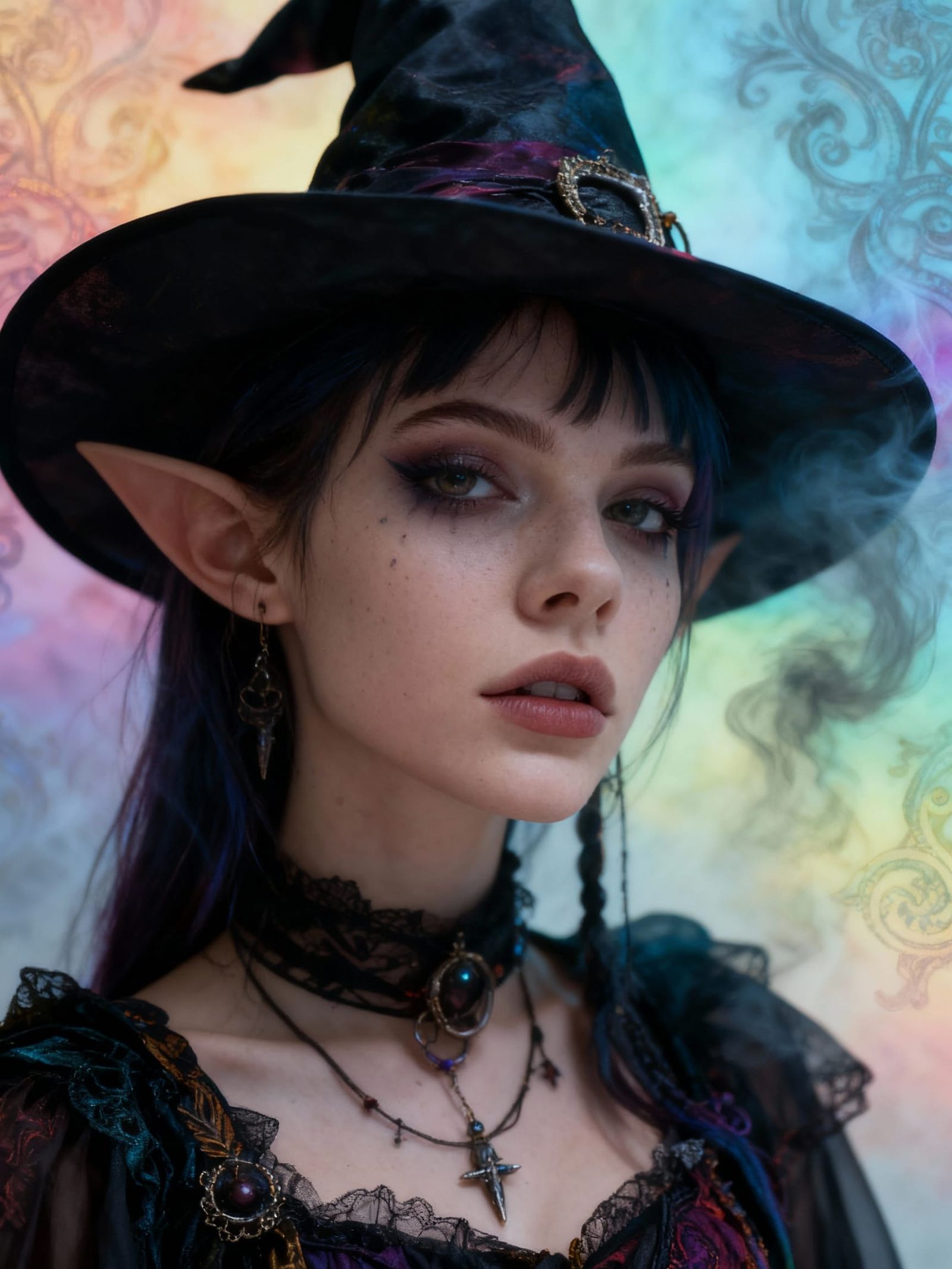 Young Witch Temptress in Surreal Rainbow Fog