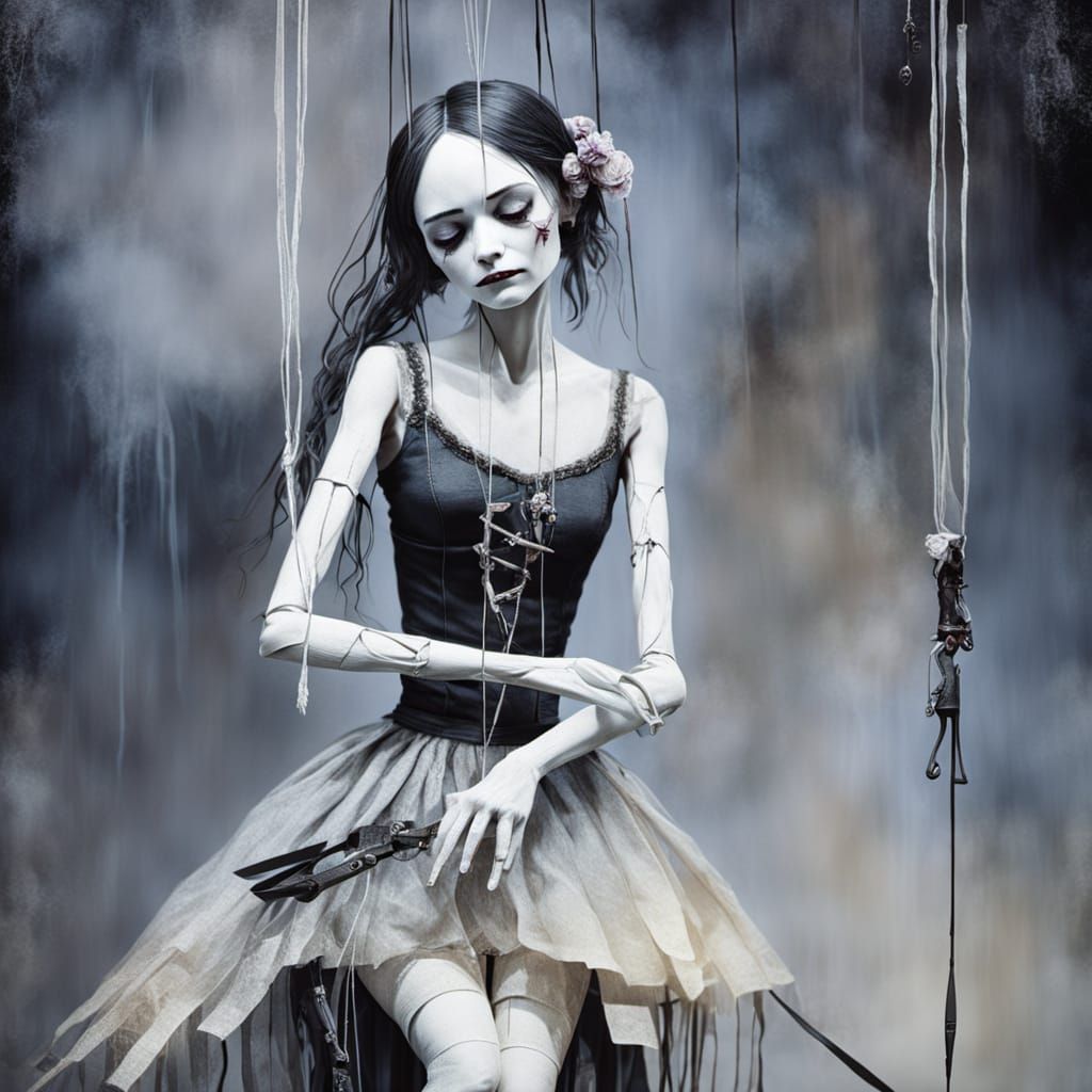 Marionette Woman Cuts Strings in Dark Fantasy Art