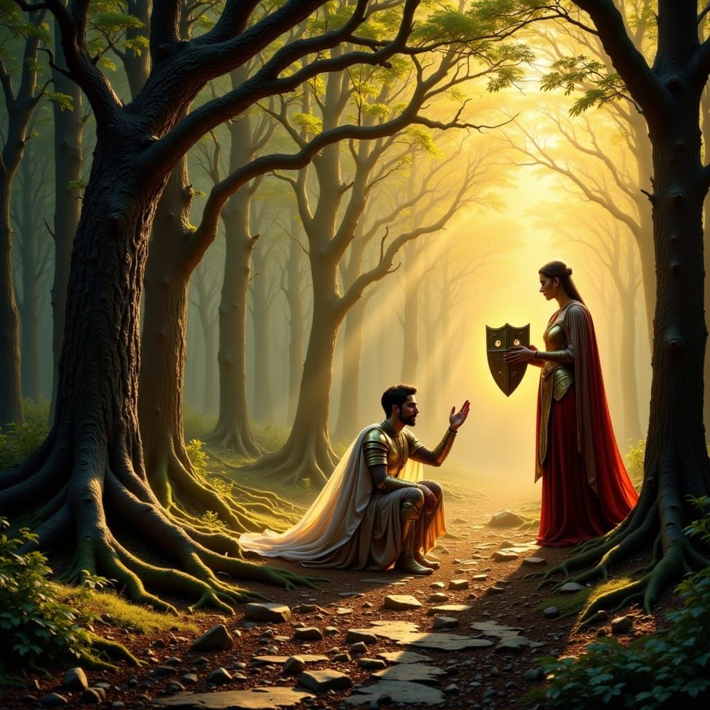 Brave Knight Kneels Before Elven Queen in Mystical Forest