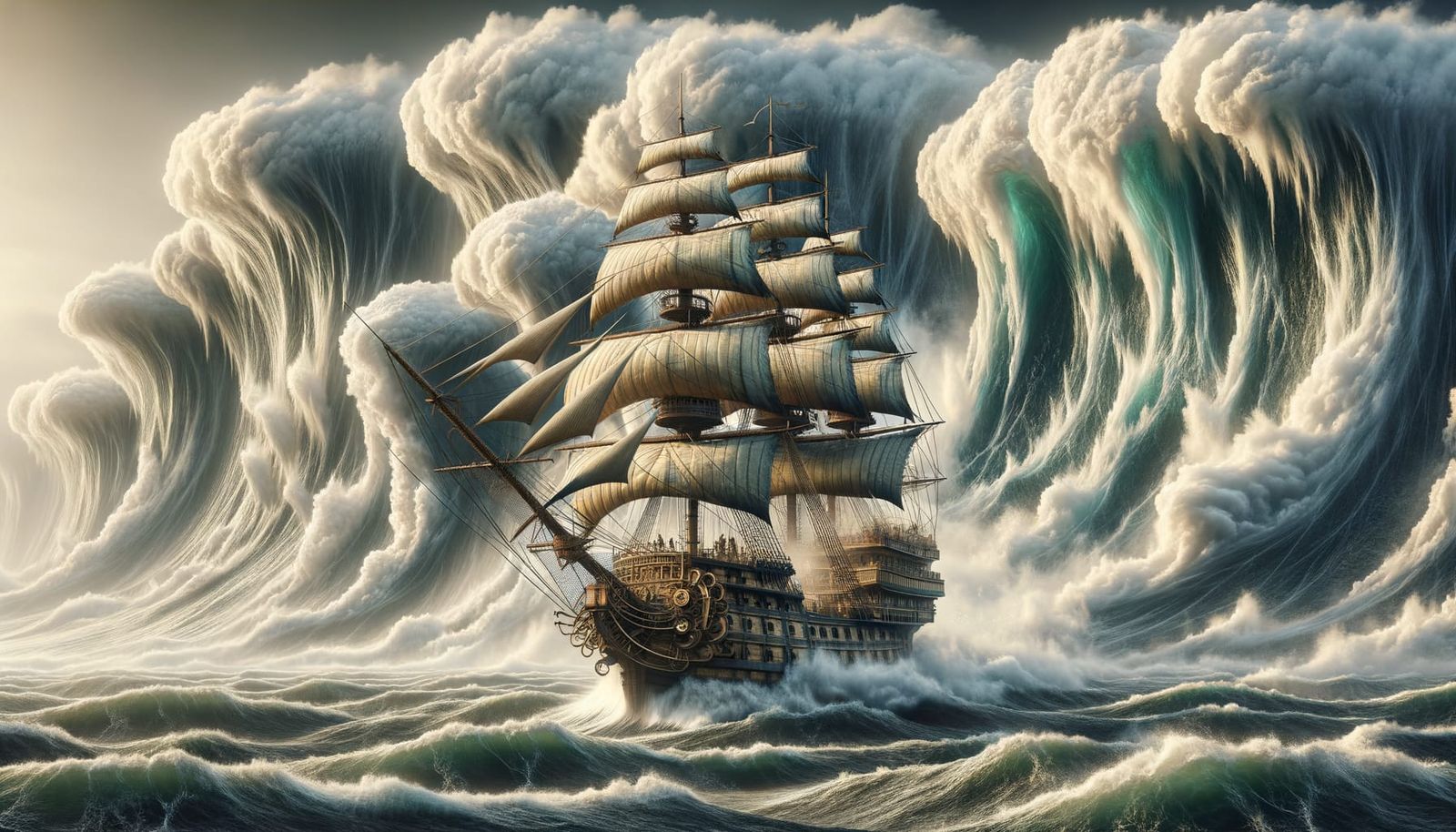 Surreal Steampunk Sailing Ship Battles Turbulent Seas