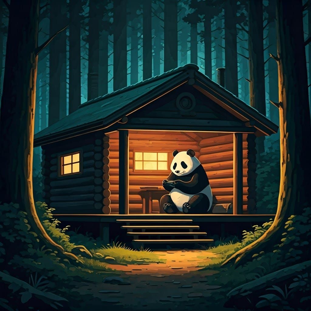 Panda Gamer in Cozy Cabin, Studio Trigger Style