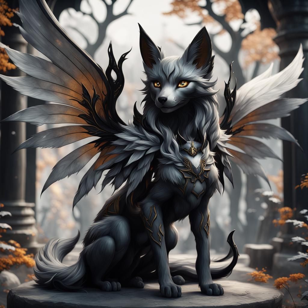 Black Kitsune with Fairy Wings in Detailed Matte Painting