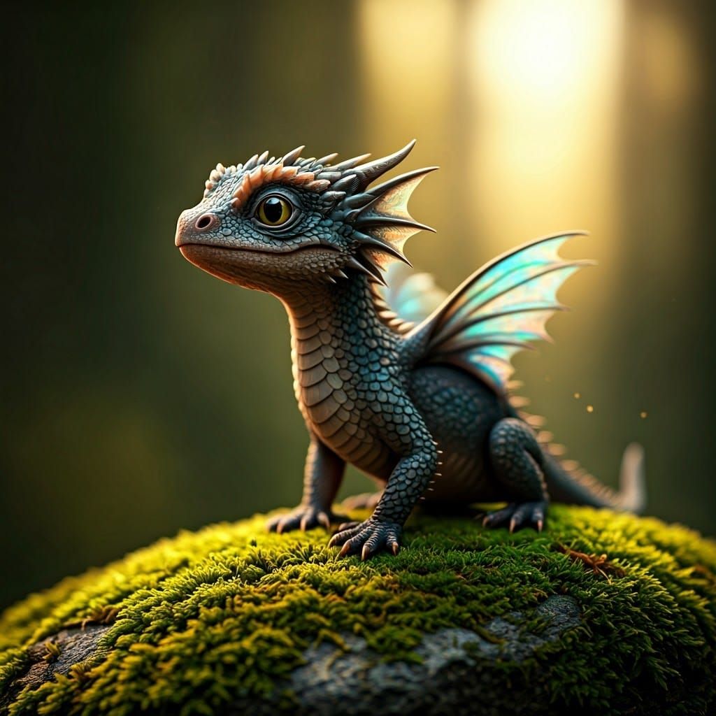 Tiny Dragon Perched on Mossy Rock