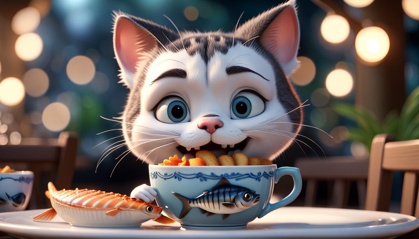 Cartoon Cat Eats Fish: 3D Disney-style Render