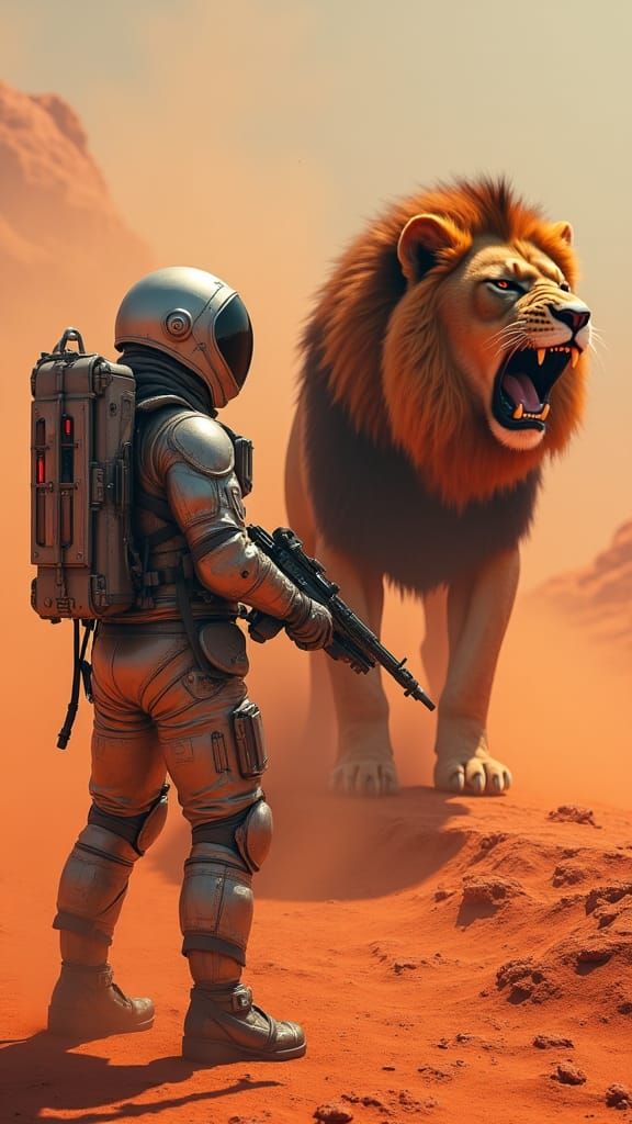 Astronaut vs Lion on Alien World, in 8k