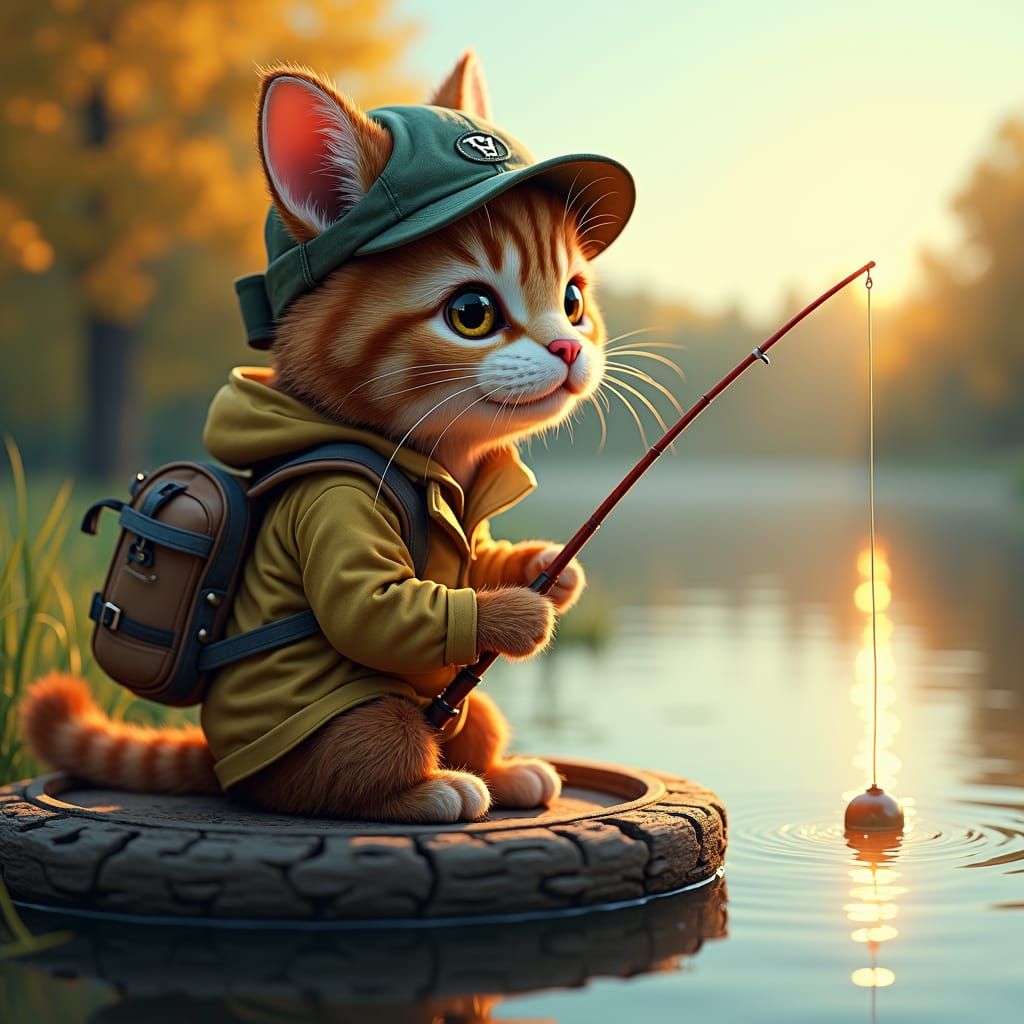 Anthropomorphic Cat Fisherman Casting Line, Digital Painting