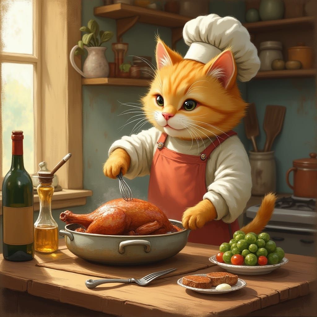 Whimsical Cat Chef Cooks a Succulent Duck