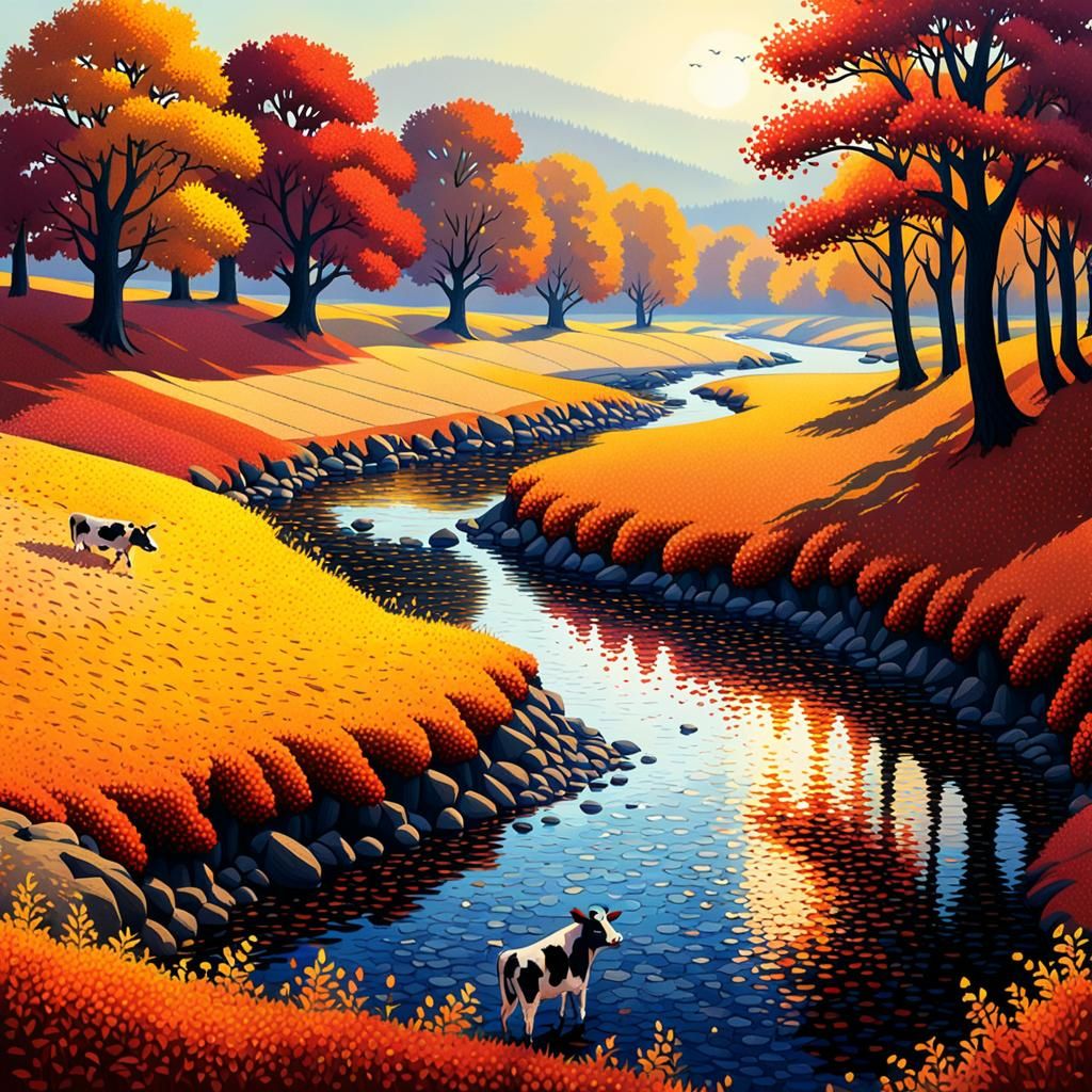 un paysage d'automne une rivière des vaches  pointillisme wa...