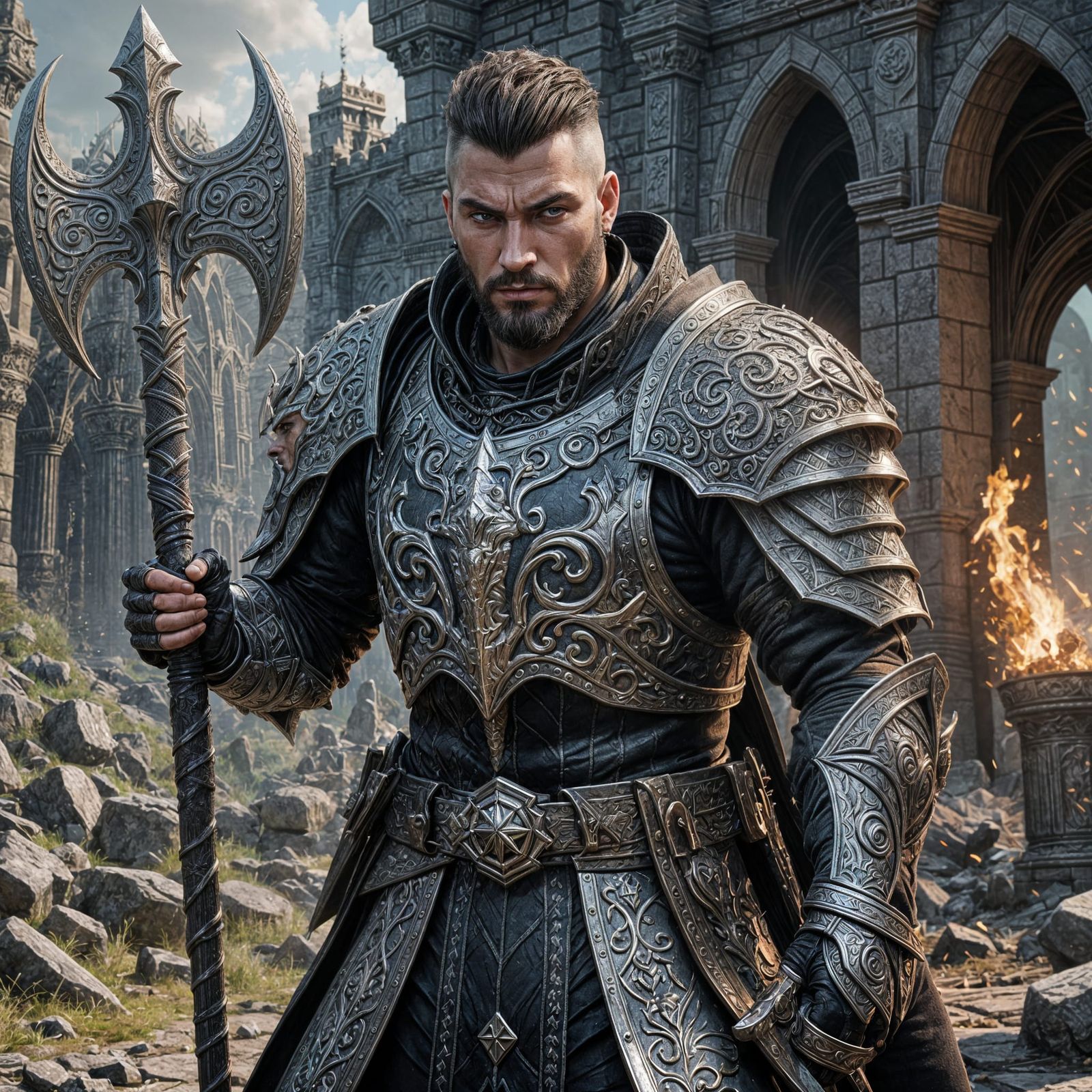 Fantasy Warrior with Battleaxe in Detailed Matte Painting