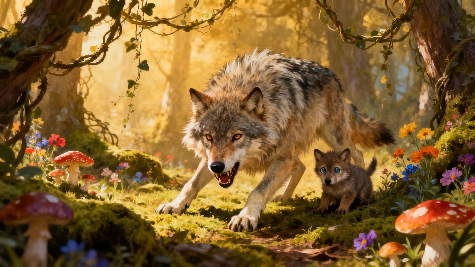 Protective Wolf Defends Cub in Enchanted Forest