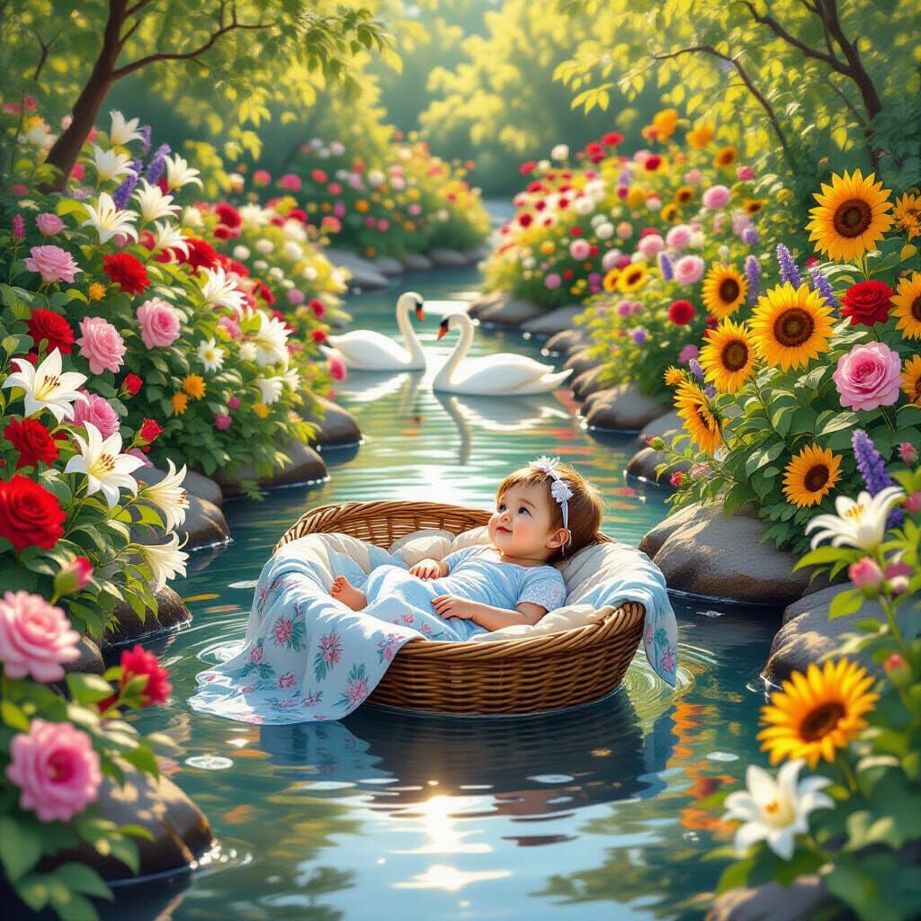 Serene Garden River Scene with Baby Girl