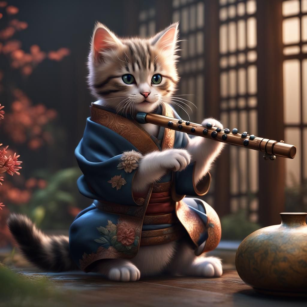 Kittens Play Shakuhachi Flute: Detailed Matte Painting
