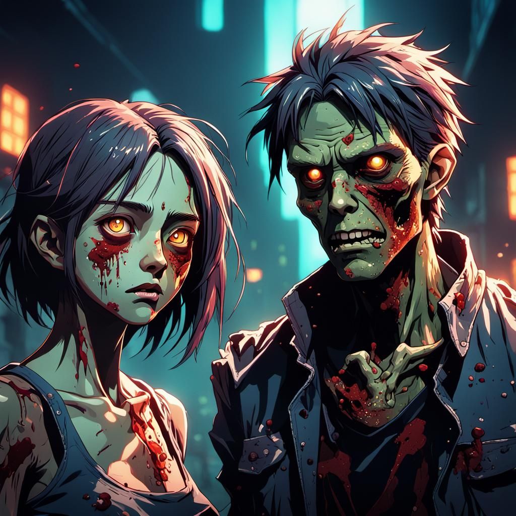 Anime Friends: Woman and Zombie in Vibrant Scene