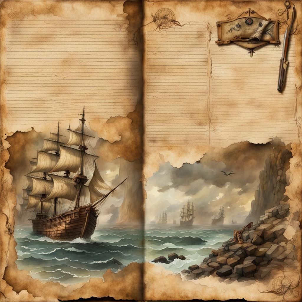 Pirate Journal Page with Ship in Watercolor Style