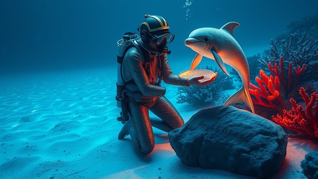 Bioluminescent Ocean Encounter: Diver and Mermaid