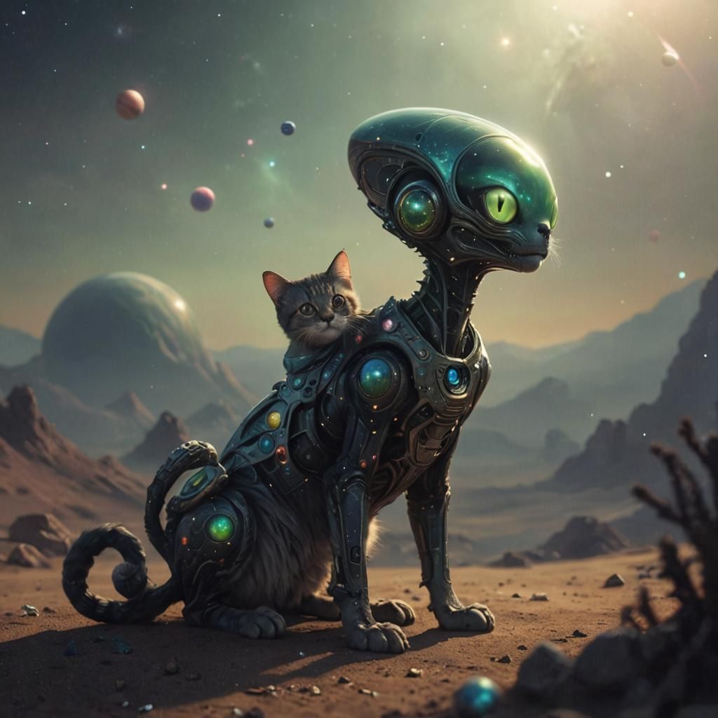 Cosmic Alien Cat Among Mini Planets