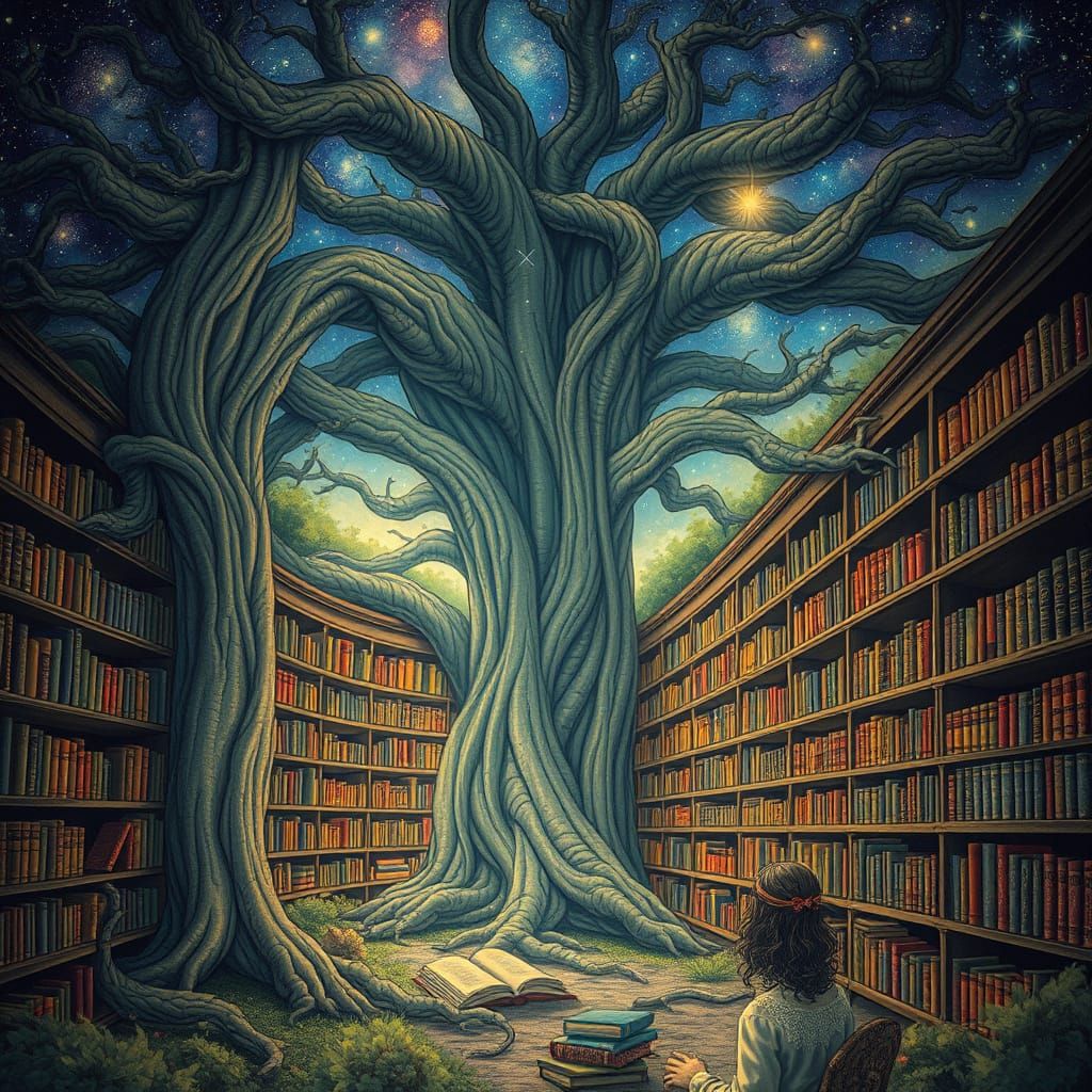 Stellar Library Inside Ancient Tree with Botanical Art