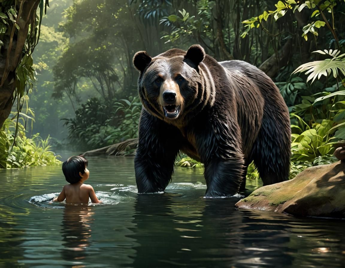 Baloo and Mowgli Swimming in the Jungle Lake