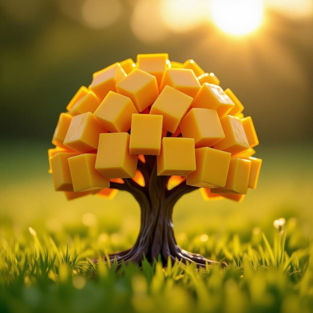 Photorealistic Cheddar Cheese Tree in Sunny Meadow