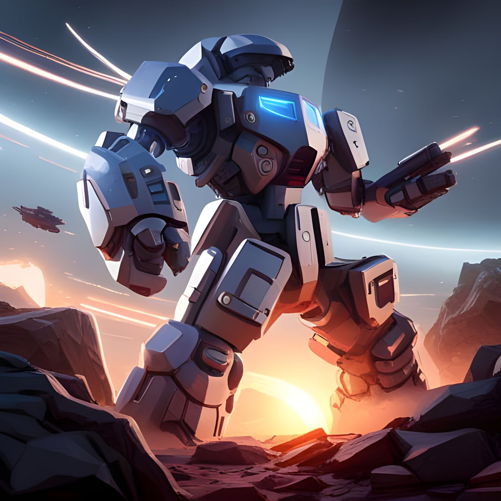 Futuristic Battlemech Firing Missiles in Wasteland