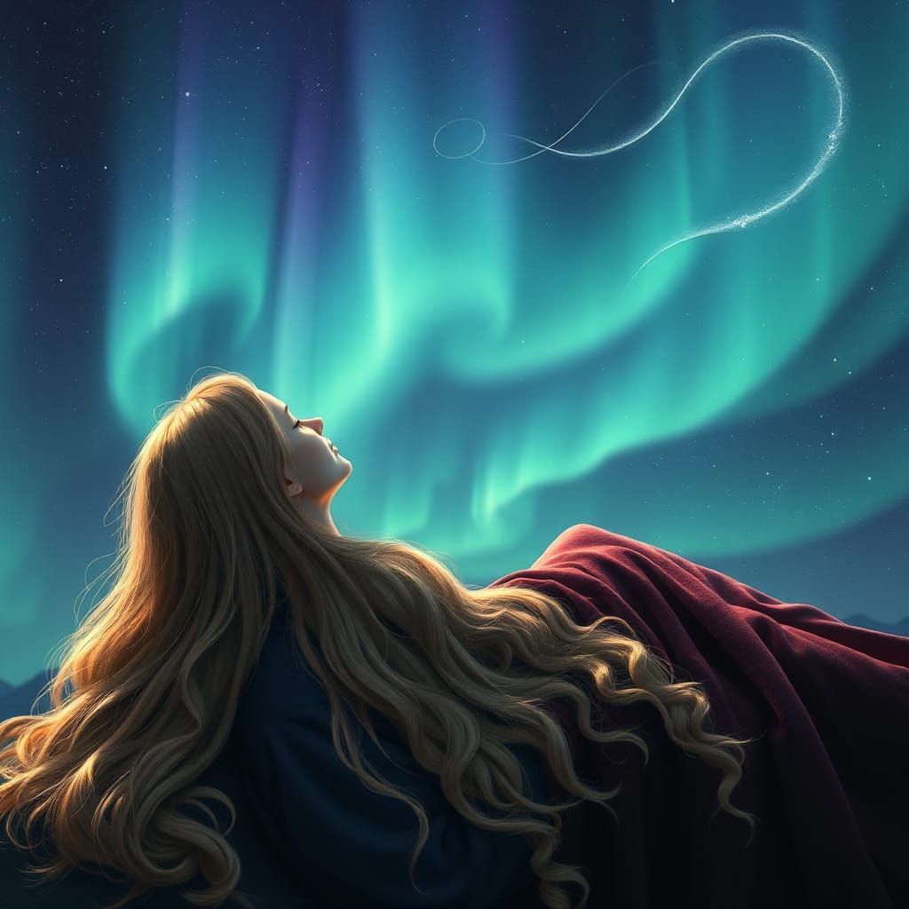 Girl Gazing at Aurora Borealis in Dreamlike Landscape