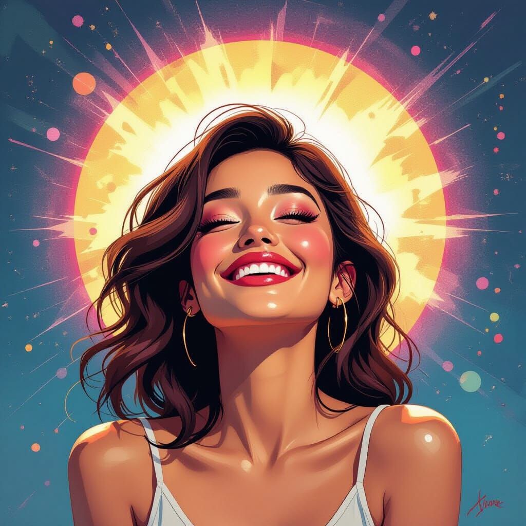 Radiant Woman Smiling in Abstract Neon Watercolor