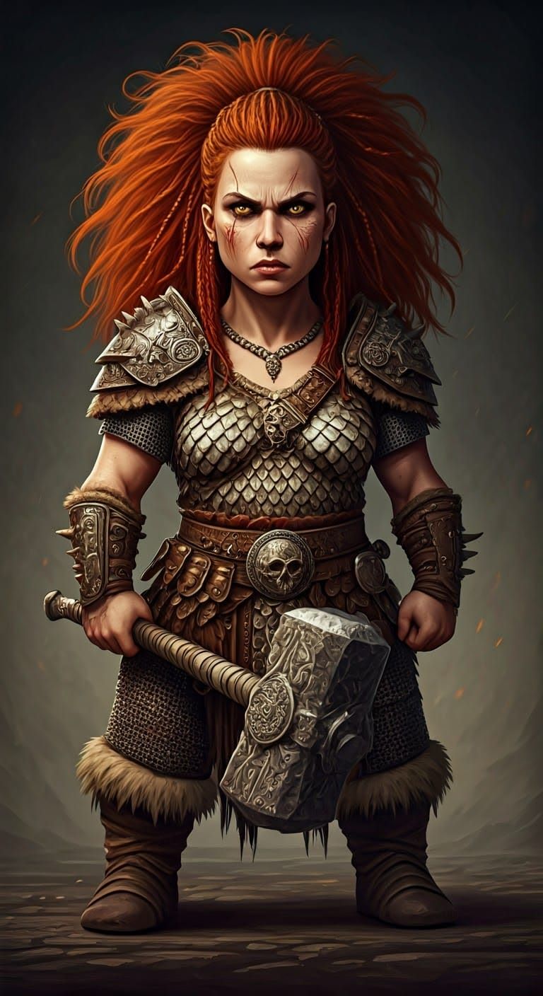 Fierce Red-Haired Warrior with Dragonbone Warhammer