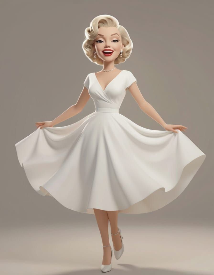 A full-body stylized 3D character Marylin Monroe's  classic 1950s Hollywood photoshoot, featuring an expressive face wit...