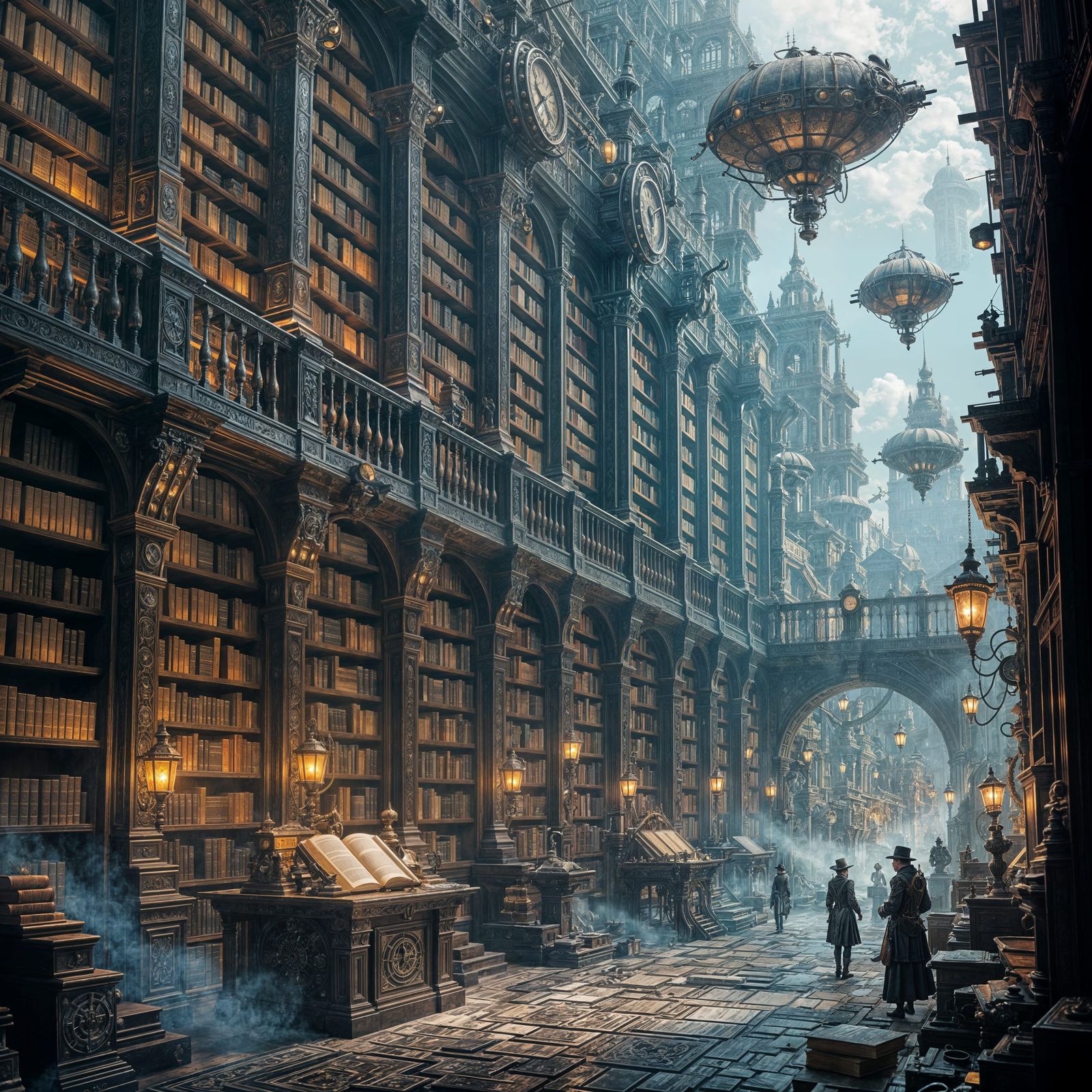 Ancient Library in Steampunk Metropolis