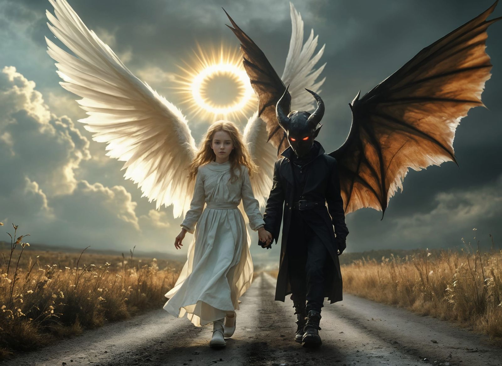 Angel and Demon Walk Together on Country Road