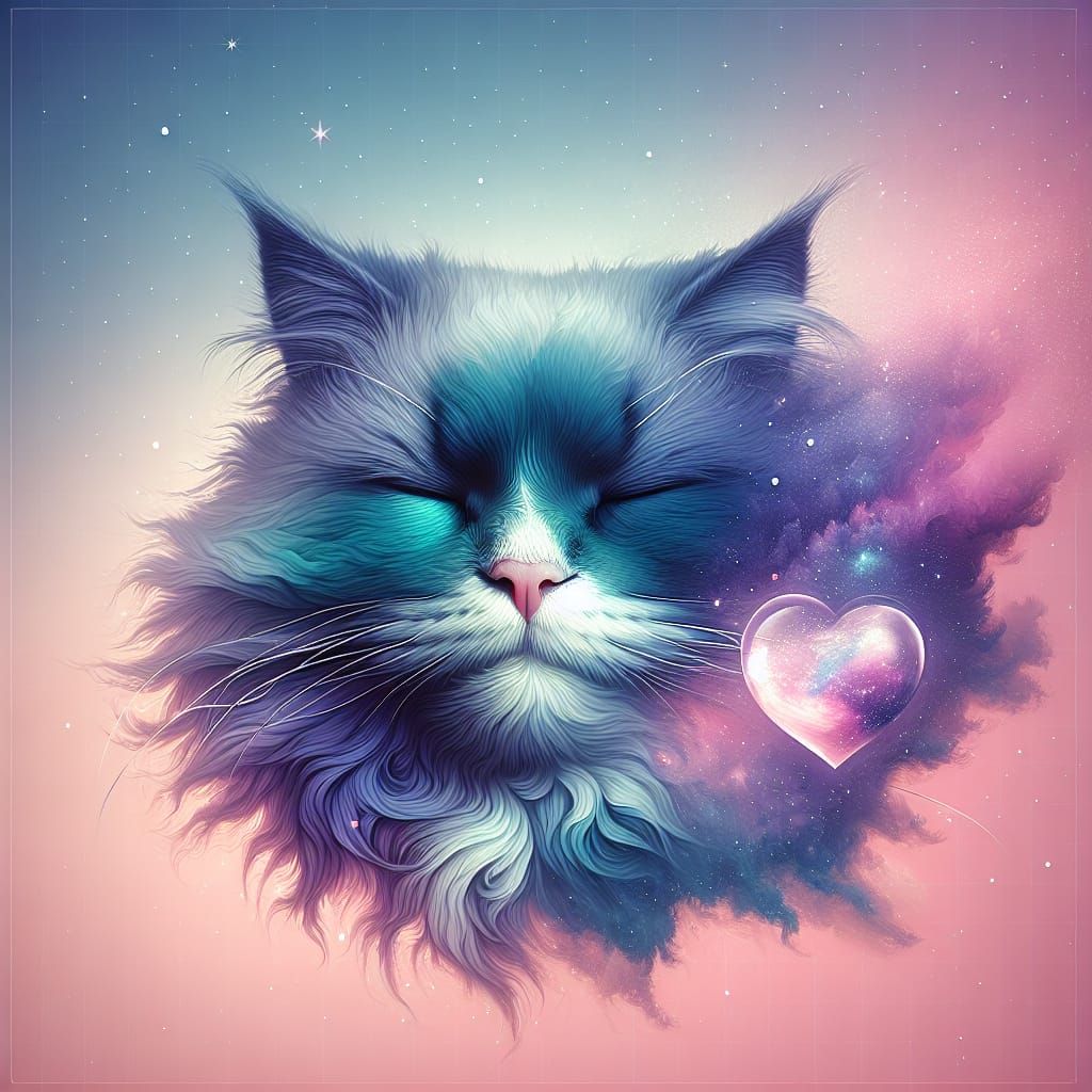 Teal and Purple Cloud Cat with Galaxy Heart