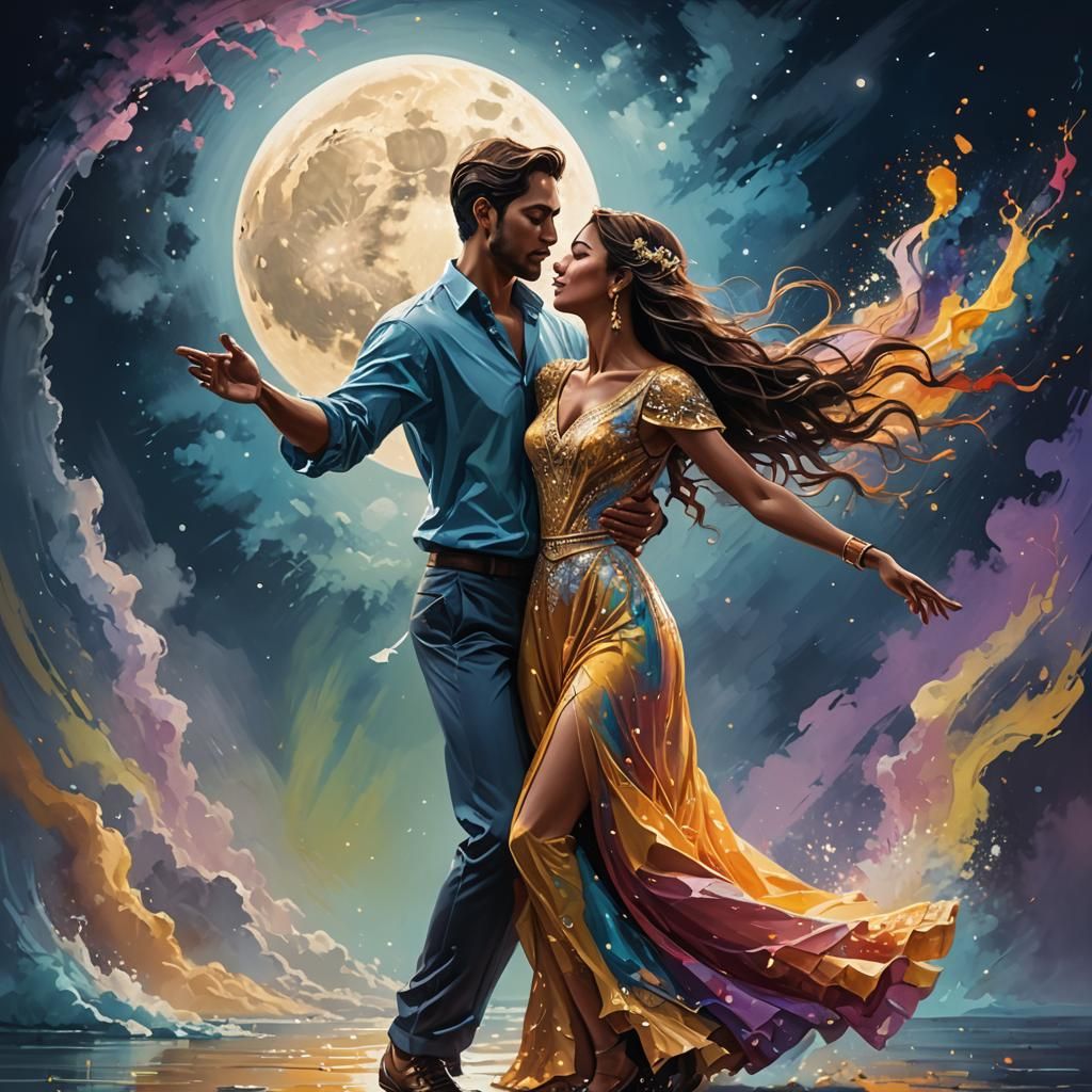 Dancing Couple in Moonlight, Hyperrealistic Splash Art