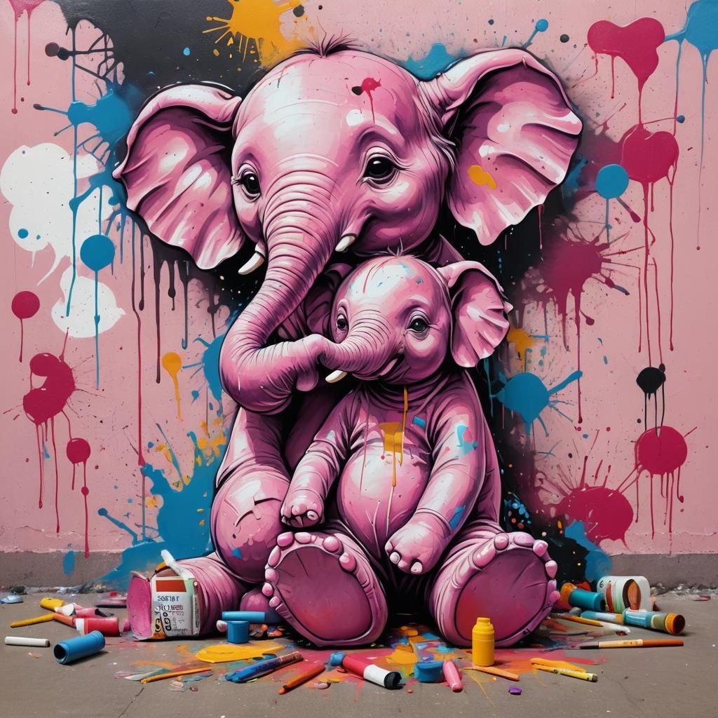 Pink Elephant with Teddy Bear in Graffiti Art
