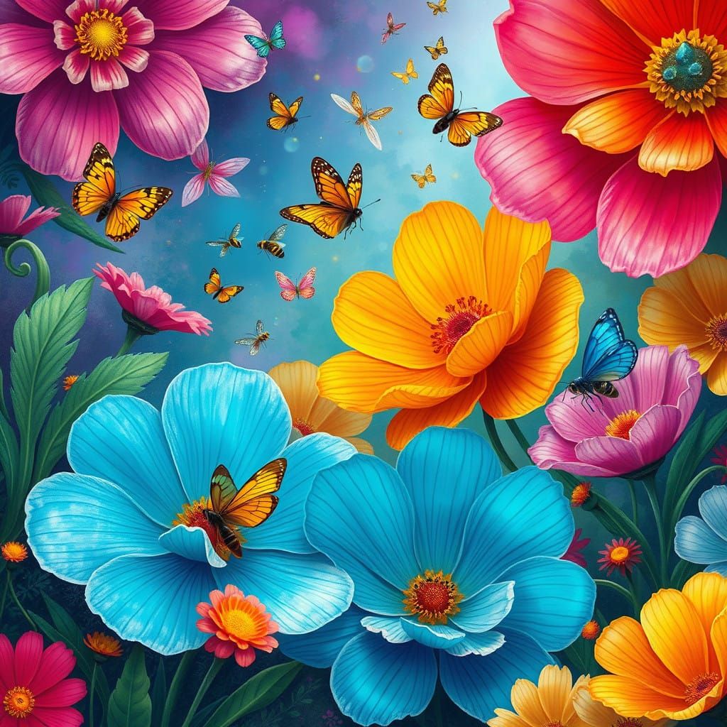 Whimsical Floral Wonderland with Vibrant Insects