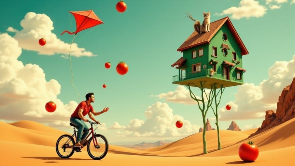 Surrealist Landscape with Biker and Tomatoes