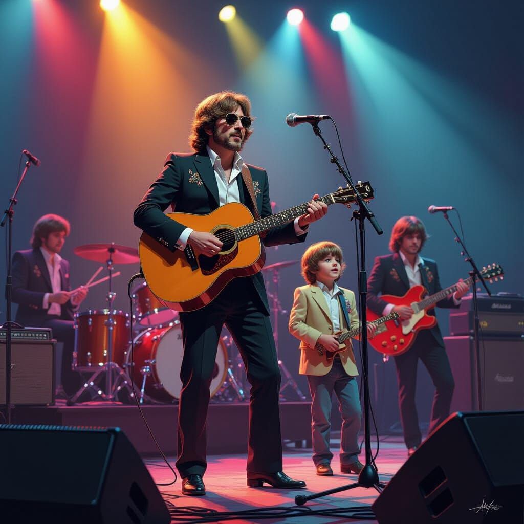 The Beatles Perform with Young Boy on Stage
