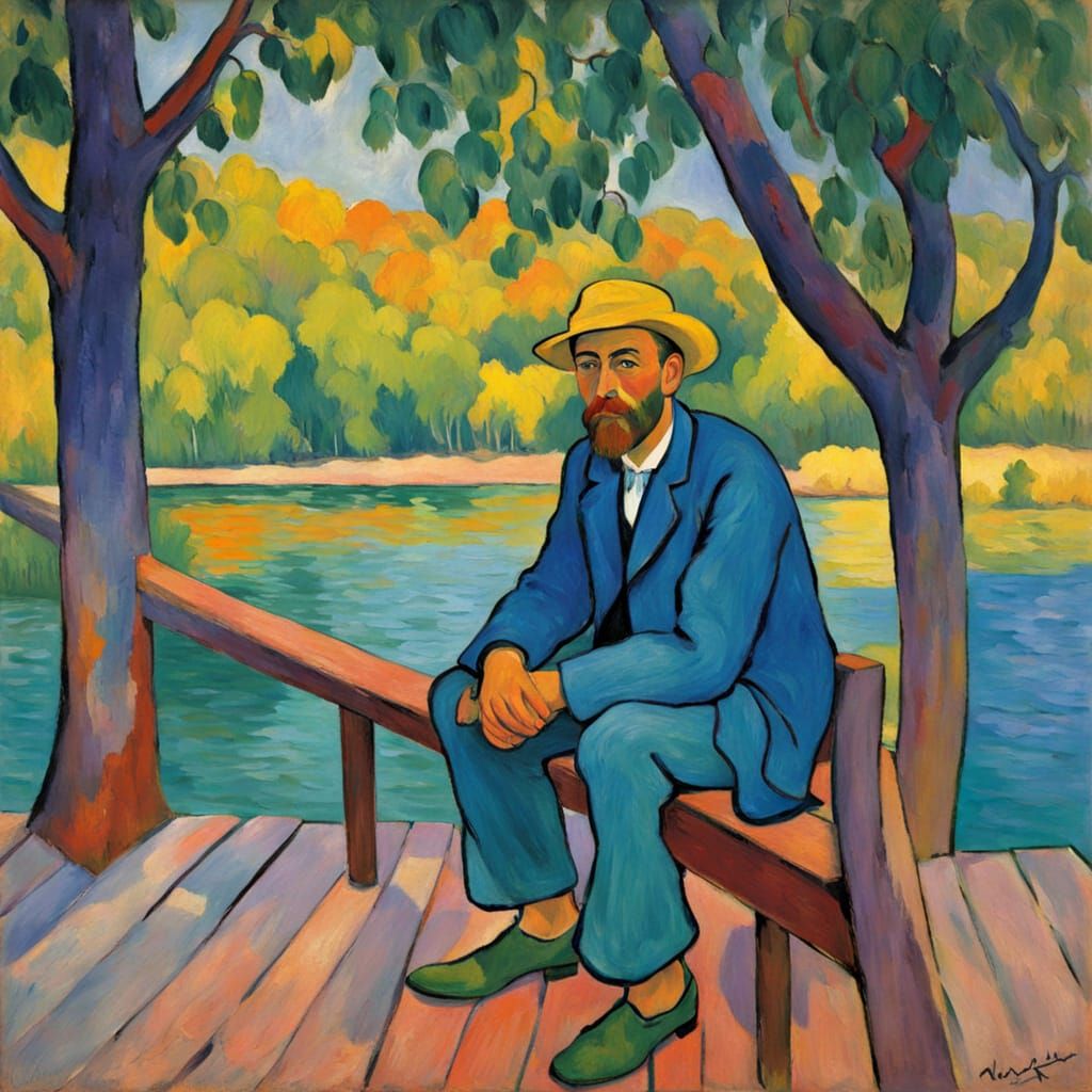 Fauvist Portrait of Person on Dock by Serene Lake