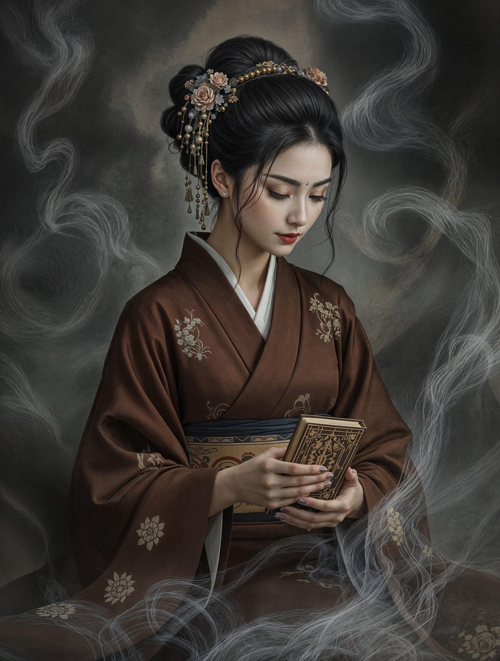 Surreal Kimono Goddess Contemplates Ancient Lore