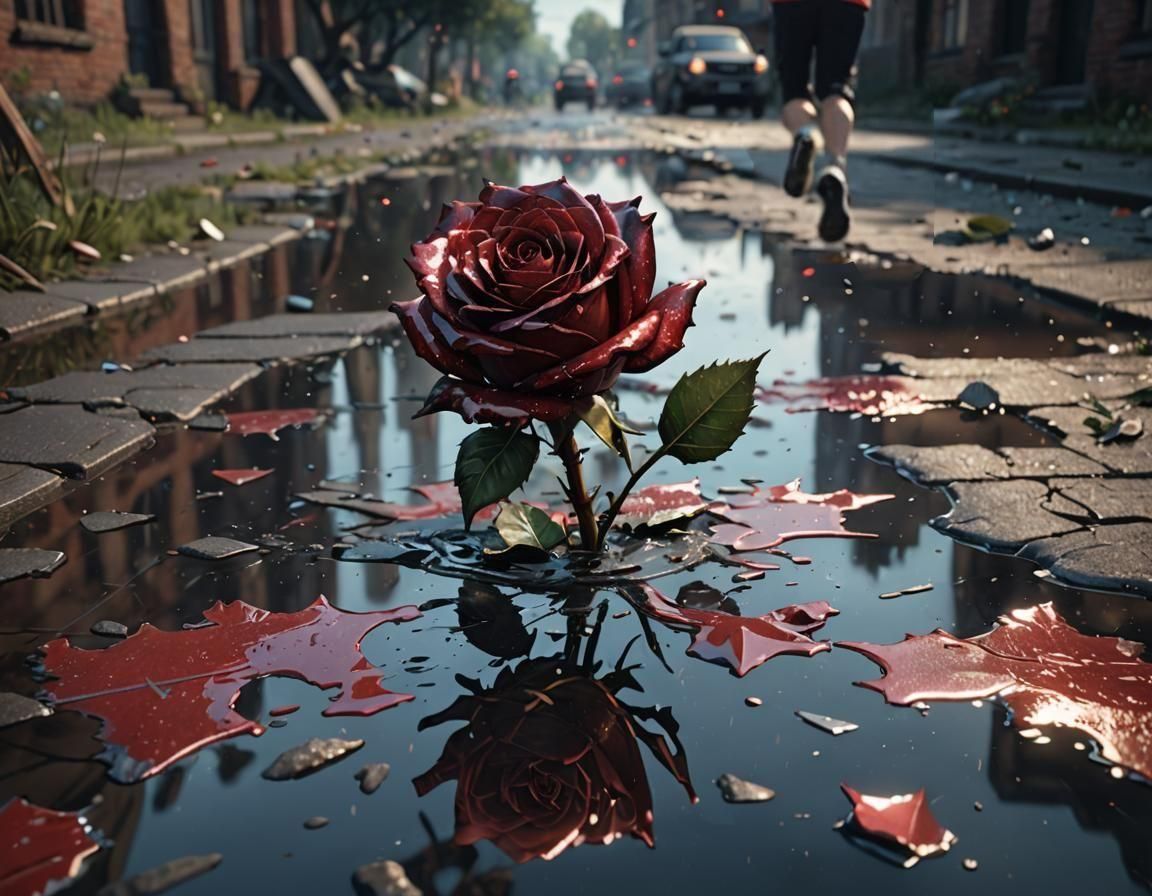 Broken Rose in Puddle: Detailed Matte Painting