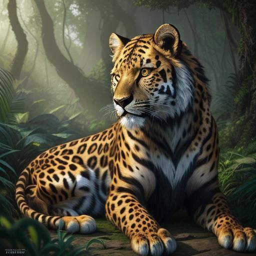 Leopard Tiger Lion Hybrid in Lush Rainforest