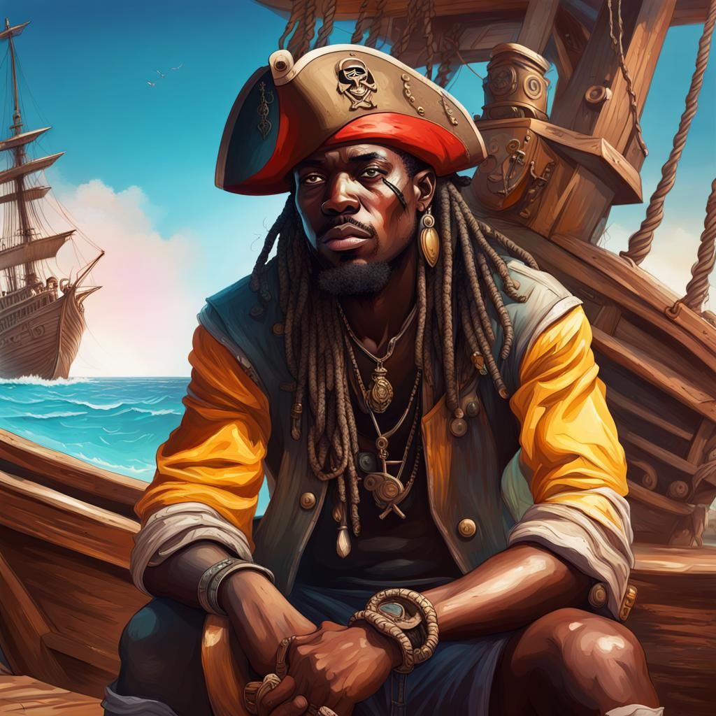 African Pirate on Beach: Hyperrealistic Splash Art