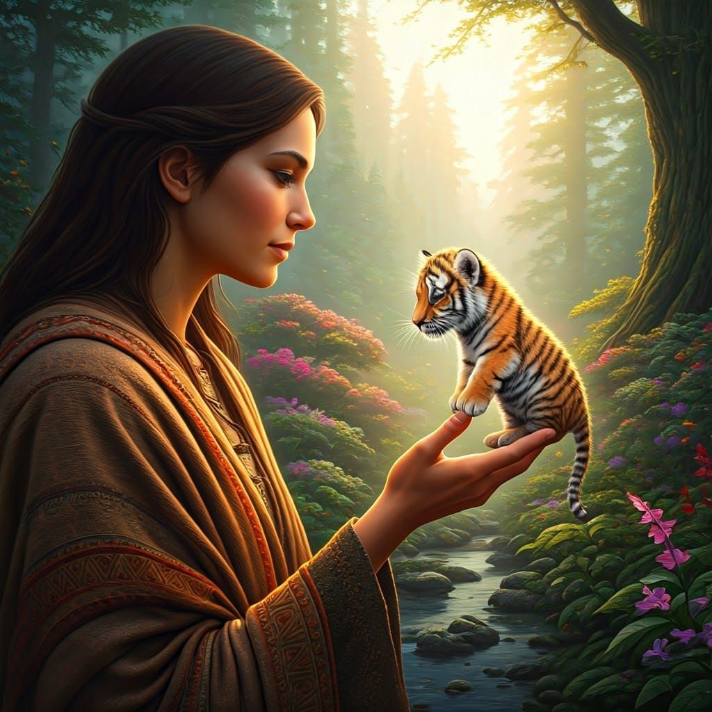 Person Holds Glowing Tiger in Kinkade Style Forest
